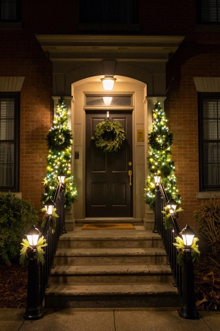 Brick house front entrance at night featuring Christmas wreaths on the door and flanking trees, string lights on garland-wrapped trees, and lit lanterns attached to black railings along stone steps to the dark door.