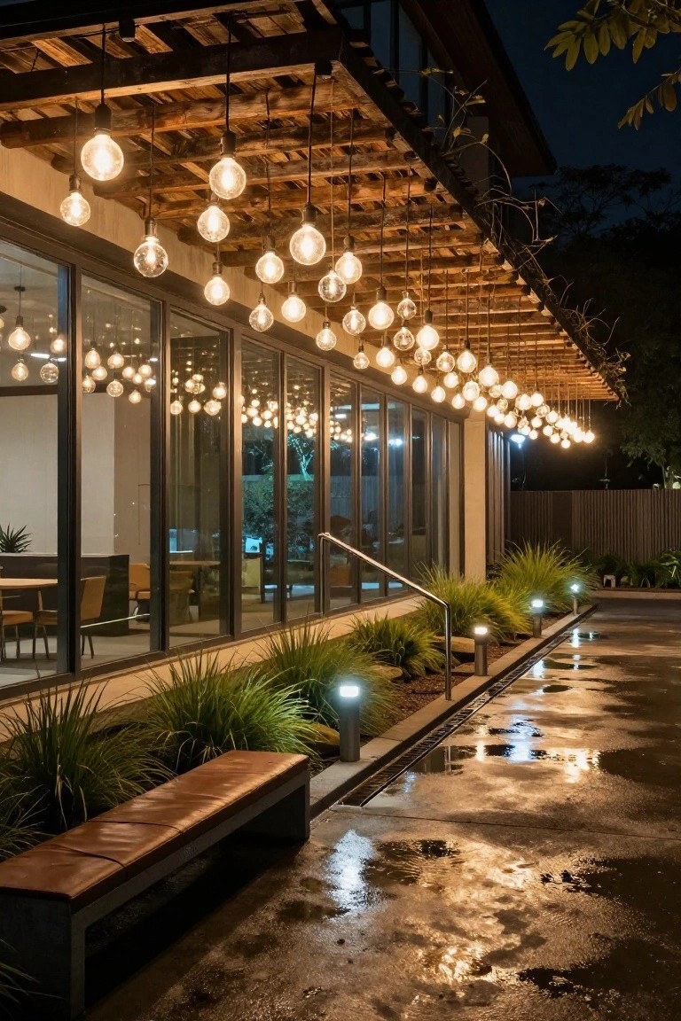 Nighttime exterior view of hanging clear glass bulb lights suspended from a wooden slatted pergola over a wet paved pathway, next to a modern building with large glass windows, landscaped grasses, ground lights, and a leather bench.