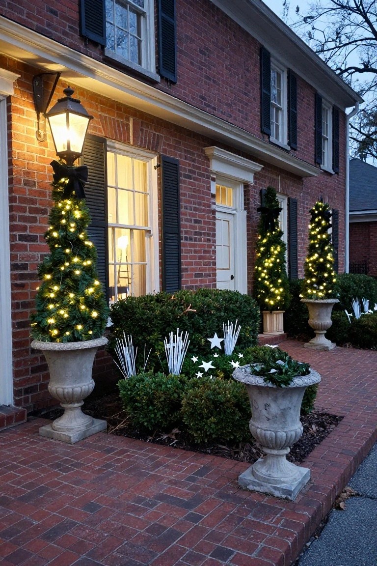 Red brick house exterior at dusk featuring spiral topiary trees in urns lined with white Christmas lights flanking a brick pathway to the white front door, with boxwood shrubs, star decorations, and a wall lantern.