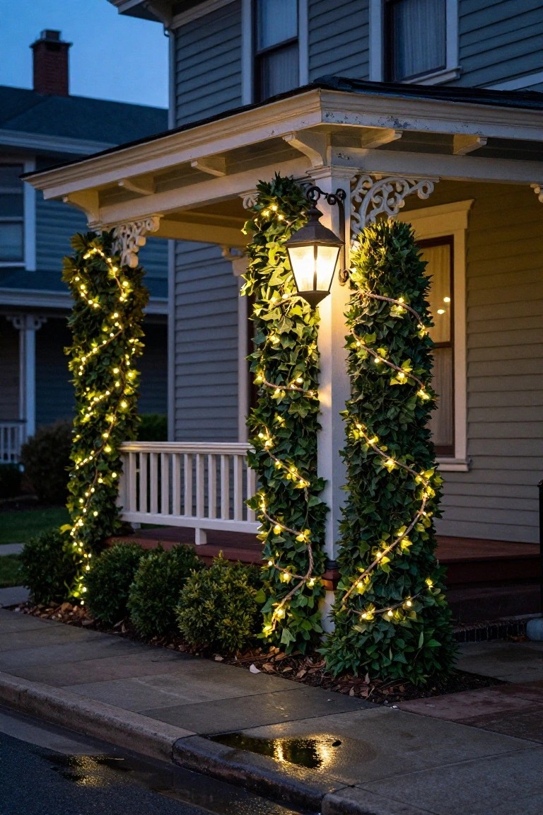 Gray clapboard house with white porch at dusk, pillars wrapped in green ivy and golden fairy lights, hanging black lantern, and lit boxwood shrubs along wet sidewalk.
