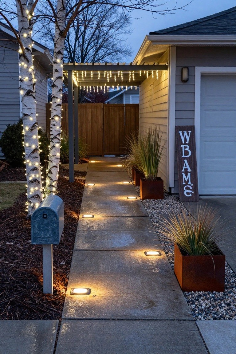 Concrete walkway with embedded rectangular path lights leading from a blue mailbox past metal planters of ornamental grasses and gravel edging to a garage door, with birch trees wrapped in white string lights and a pergola draped in icicle lights at twilight.