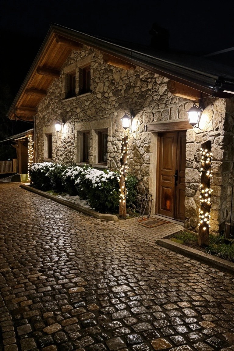 Stone house exterior at night with Christmas string lights wrapped around two rustic poles flanking the wooden front door, lanterns mounted on the walls, snow-dusted bushes nearby, and a wet cobblestone pathway leading to the entrance.
