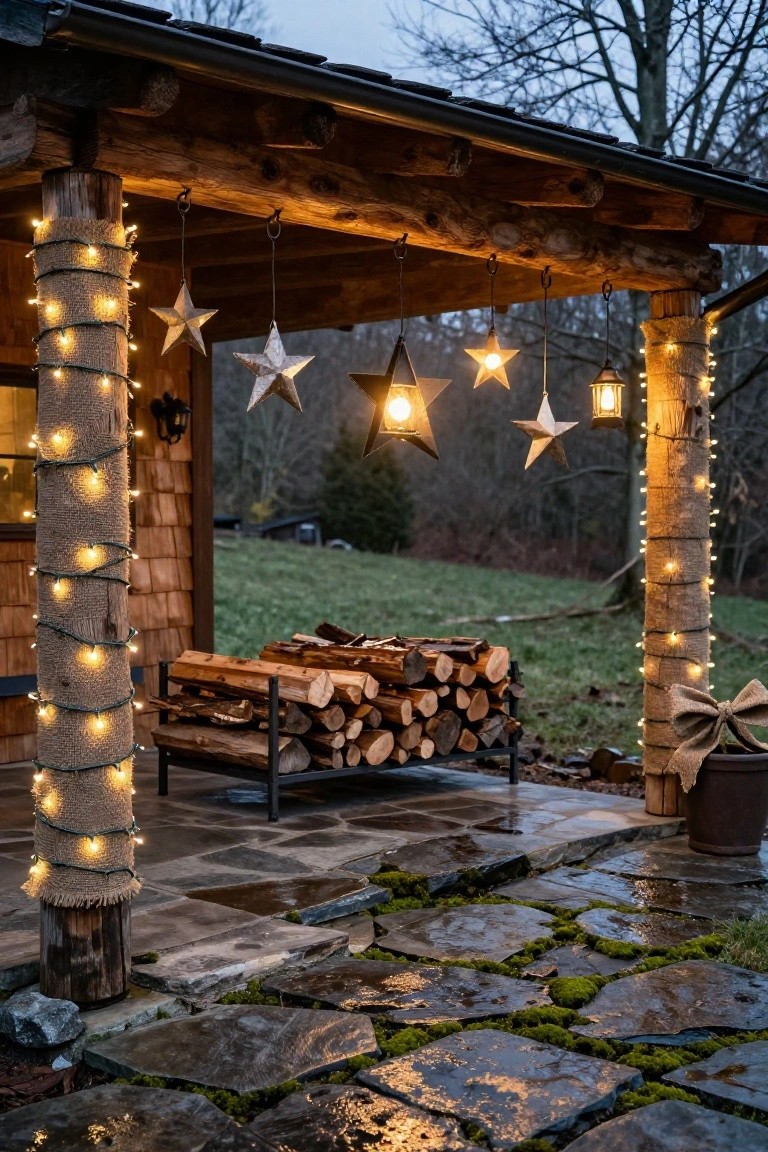 Wooden porch posts wrapped in burlap and string lights under a cabin roof, with hanging metal star lanterns, lanterns, a firewood rack on a mossy stone patio, and woods in the background.