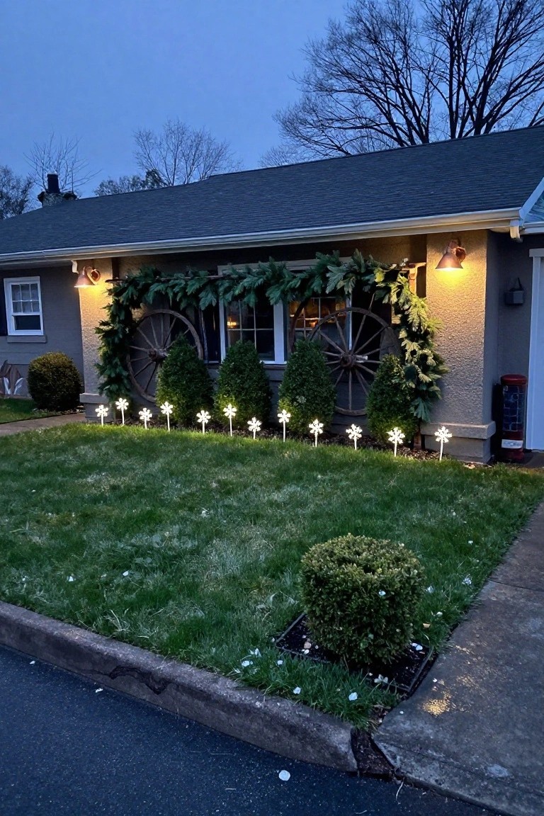 Evening view of a beige stucco ranch house with garland-draped wagon wheels beside a window, flanked by lit evergreen shrubs, and a line of white lighted snowflake stakes in the front lawn along the sidewalk edge.