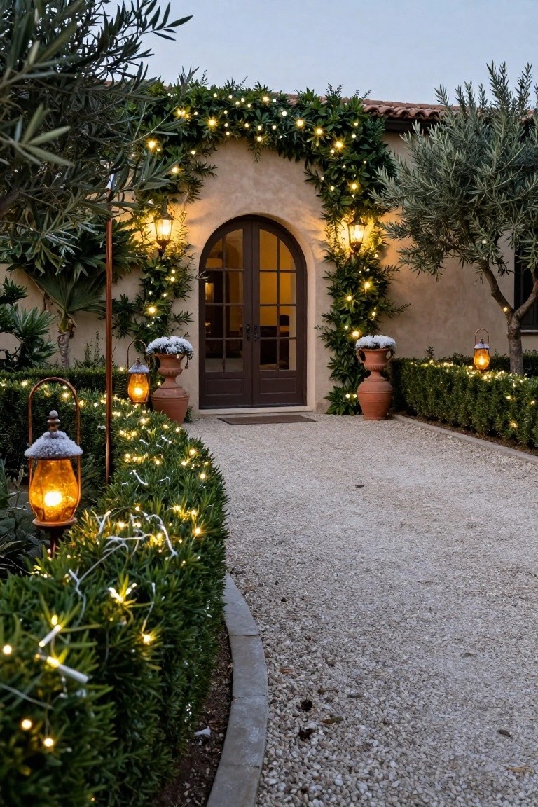 Gravel pathway edged with boxwood hedges wrapped in white string lights leading to an arched wooden door on a beige stucco house wall, surrounded by olive trees, garlands, terracotta pots, and hanging lanterns at dusk.