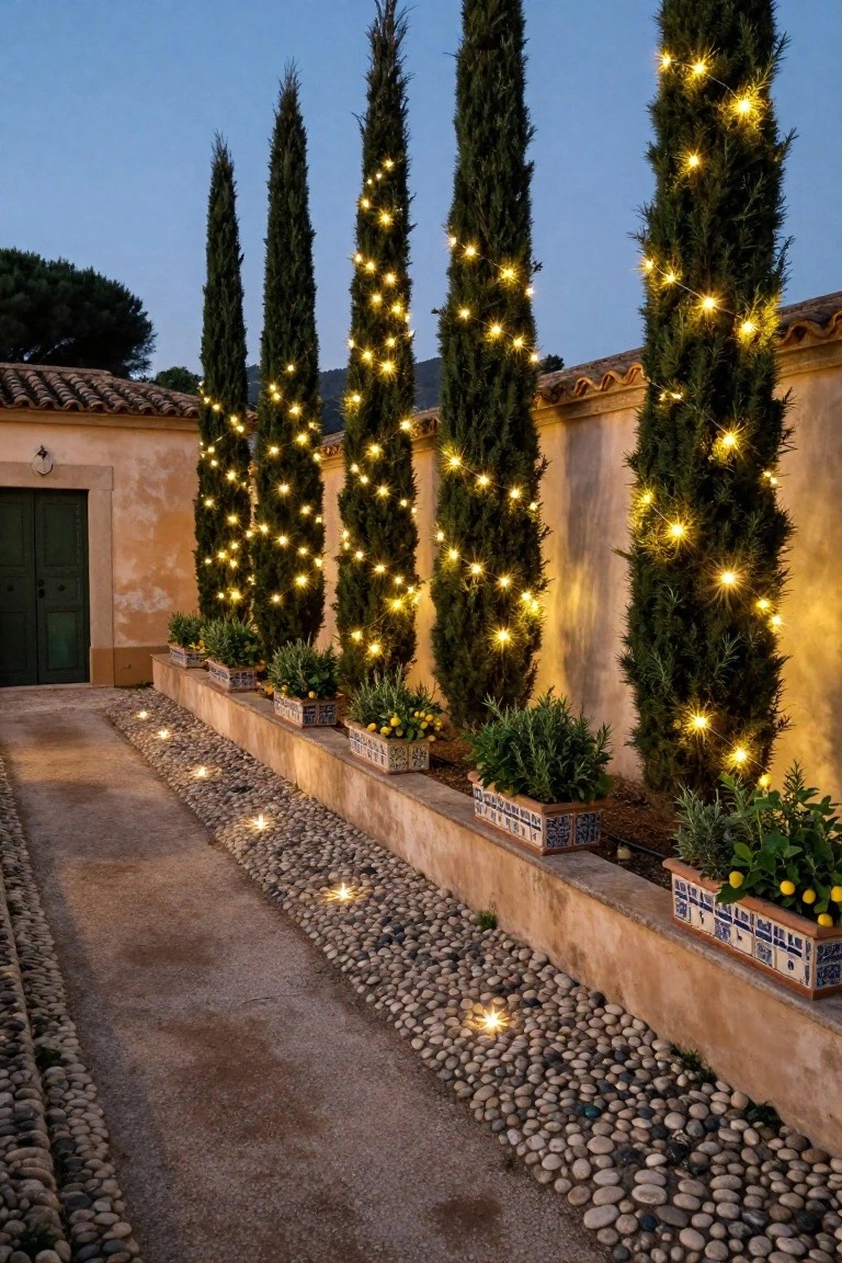 Stone pathway at dusk lined with tall cypress trees wrapped in white string lights, raised tiled planters with herbs and lemon trees, pebble ground cover, ground lights, stucco wall, and green door on house exterior.