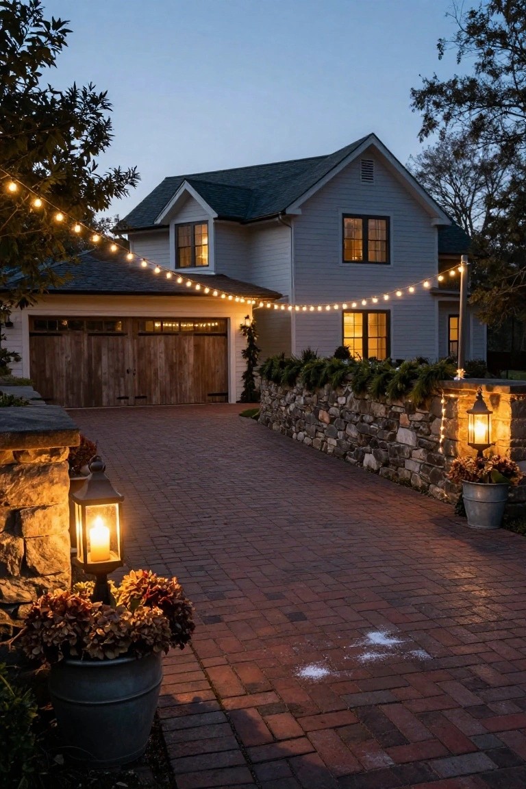 Gray shingle-style house exterior at dusk with dark roof, lit windows, wooden garage doors, brick driveway edged by stone walls topped with lanterns and garland, string lights strung overhead from trees to house, potted plants nearby.