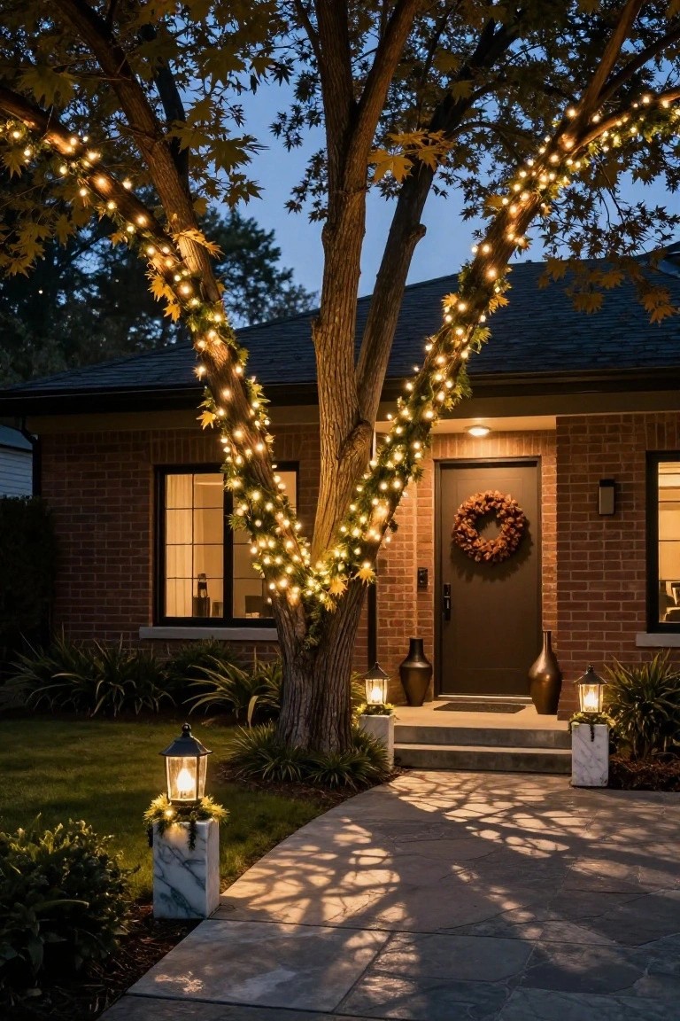 Wrap Trees in String Lights for Driveway Appeal