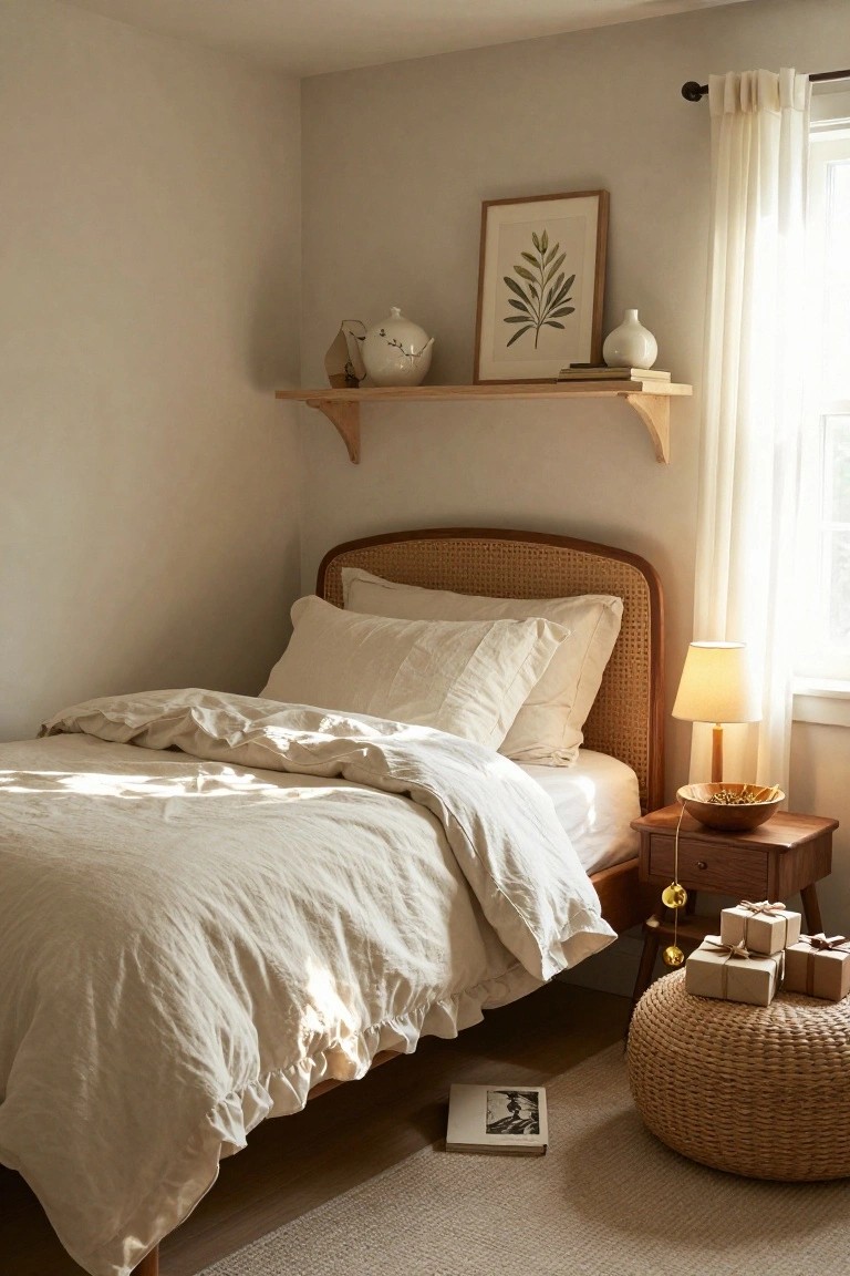 Cozy bedroom corner featuring a rattan bed with white linen bedding, wooden nightstand holding wrapped gifts and a brass bell on a cord, floating shelves with ceramics and a plant print, rattan pouf, and an open book on the floor.