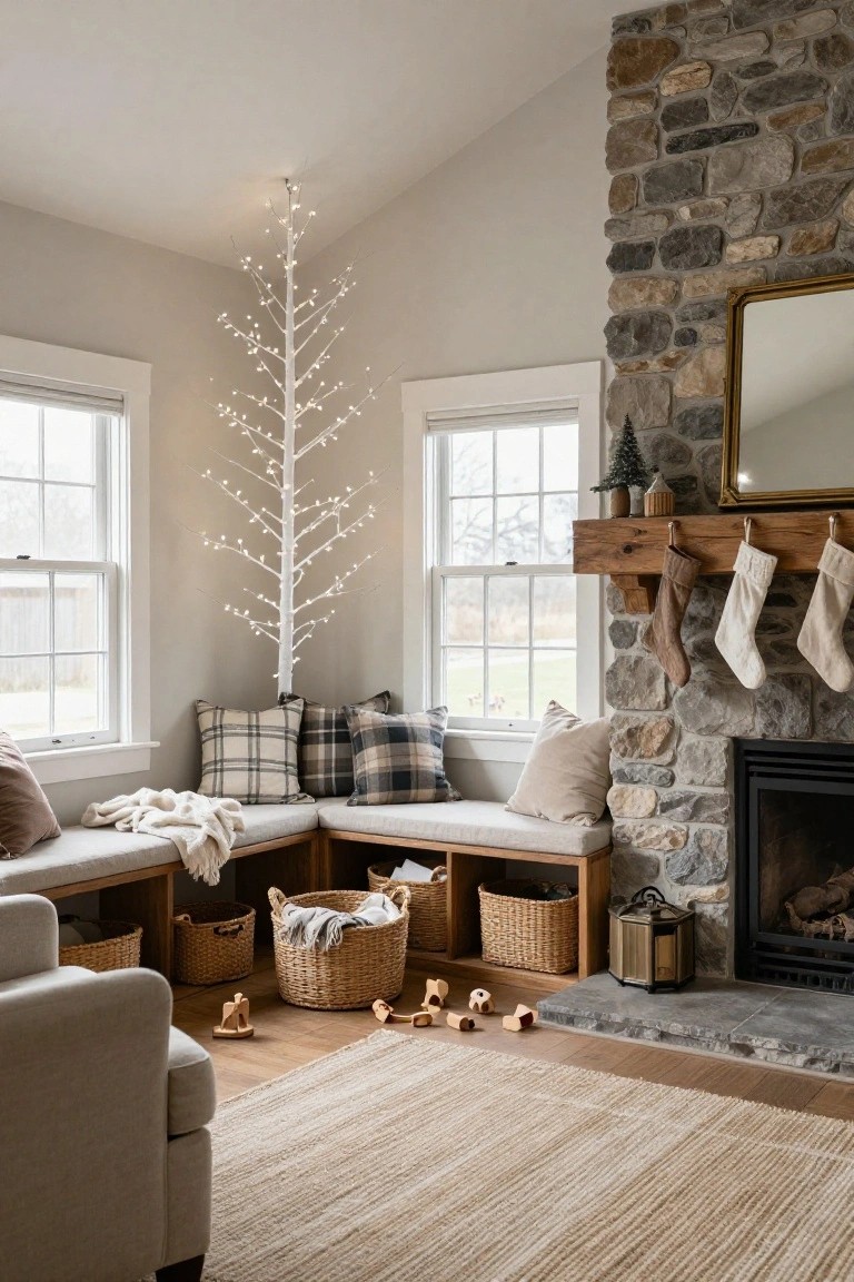 Cozy beige living room corner with tall illuminated white twig Christmas tree next to cushioned window seat bench, plaid pillows, woven baskets, wooden toys, and stone fireplace with hanging stockings.