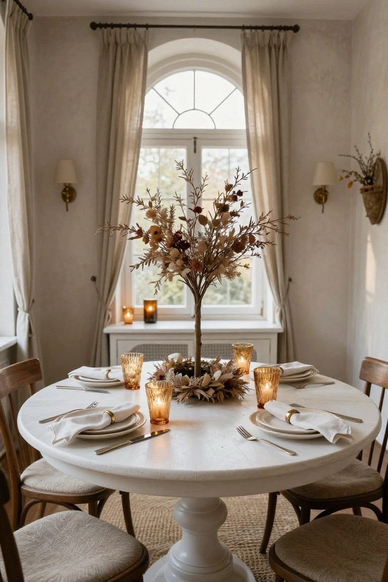 Round white pedestal dining table set for four with white linens, gold napkin rings, plates, and flatware, centered by a tall dried branch arrangement with beige flowers and berries, flanked by amber glass candle holders, in a beige-walled room with sheer curtains over a large arched window.