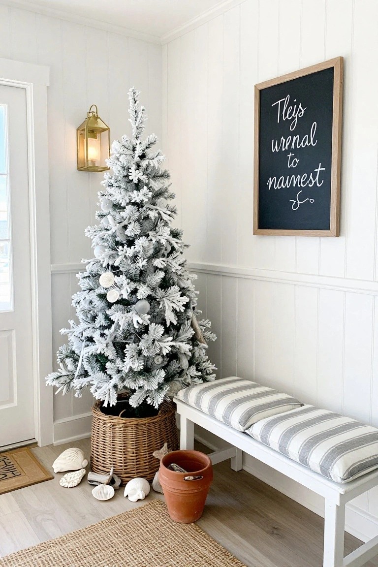 Slim artificial Christmas tree with white flocked branches and white ornaments stands in a wicker basket in a white shiplap entryway next to a white bench with striped cushions, seashells on the floor, and a black-framed chalkboard sign on the wall.