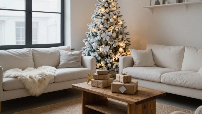 A corner of a living room with a tall artificial white flocked Christmas tree lit with warm string lights and decorated with white and gold ornaments, next to a beige sofa, wooden coffee table with stacked brown wrapped presents, and a fur throw on a bench.
