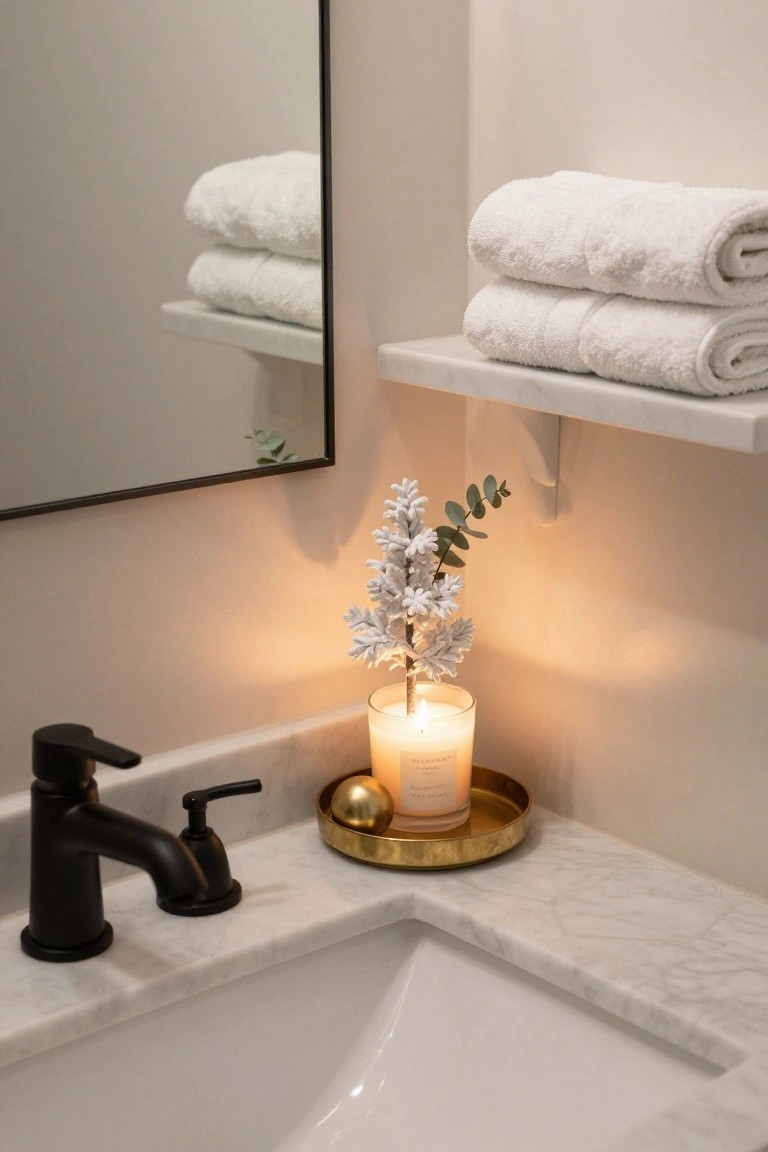 Bathroom vanity corner with white marble countertop and sink, black faucet, gold tray holding lit glass candle and white frosted eucalyptus stems, white towels folded on floating shelf above black-framed mirror.
