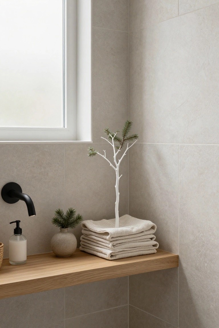 Modern bathroom corner showing oak floating shelf with stacked white towels, lotion bottle, small potted fir plant, and white twig Christmas tree in fabric base, next to black wall-mounted faucet on light gray tiled walls under frosted window.