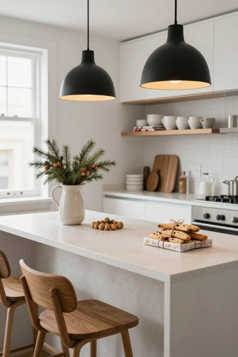 Modern white kitchen with an island bar holding two wooden stools, a white jug of green pine branches with orange pinecones, scattered wooden beads, and ribbon-tied boxes of cookies, black pendant lights overhead, white cabinets, open wooden shelves with white dishes, and evergreen sprig decor.