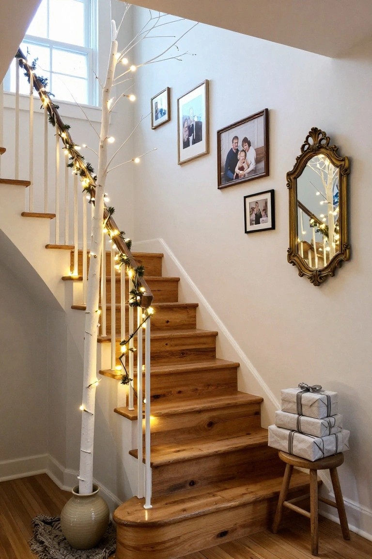 Wooden staircase with white railing wrapped in evergreen garland and string lights, tall white birch tree with lights beside it in a pot, framed family photos on walls, ornate gold mirror reflecting the tree, and stacked white wrapped gifts on a wooden stool at the base.