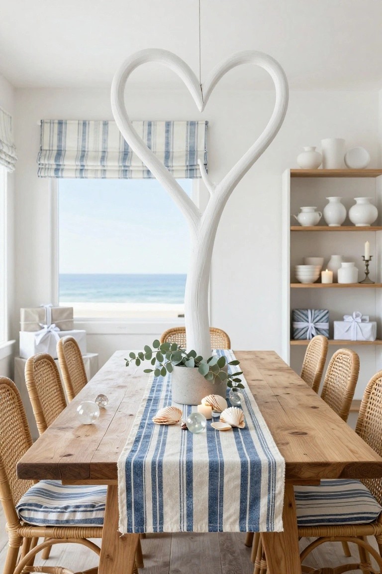 Dining room interior with a large white branch heart-shaped pendant light hanging over a wooden table covered in a blue and white striped runner, rattan chairs with blue cushions, eucalyptus centerpiece, seashells, ocean view through window, and white ceramics on wooden shelves.