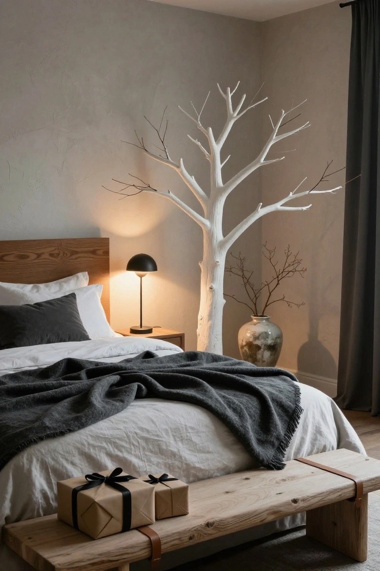 Bedroom corner with tall white branch tree sculpture, wooden bed with white sheets and gray throw, black bedside lamp on wood nightstand, gray vase on floor, and two wrapped gifts on wooden bench at bed foot.