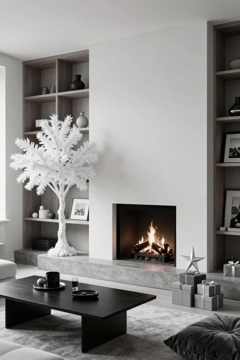 Modern living room with tall white flocked Christmas tree next to a lit fireplace, neutral wood shelving, black coffee table, stacked gray gift boxes on concrete hearth, and velvet pillows on rug.