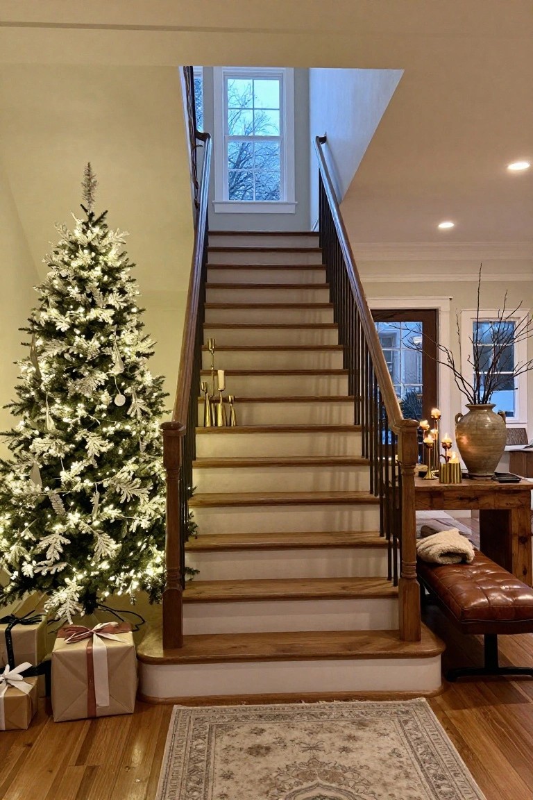 A lit white flocked Christmas tree stands beside a wooden staircase in a home entryway, with wrapped gifts at the base, candles on a side table, and a leather bench nearby.