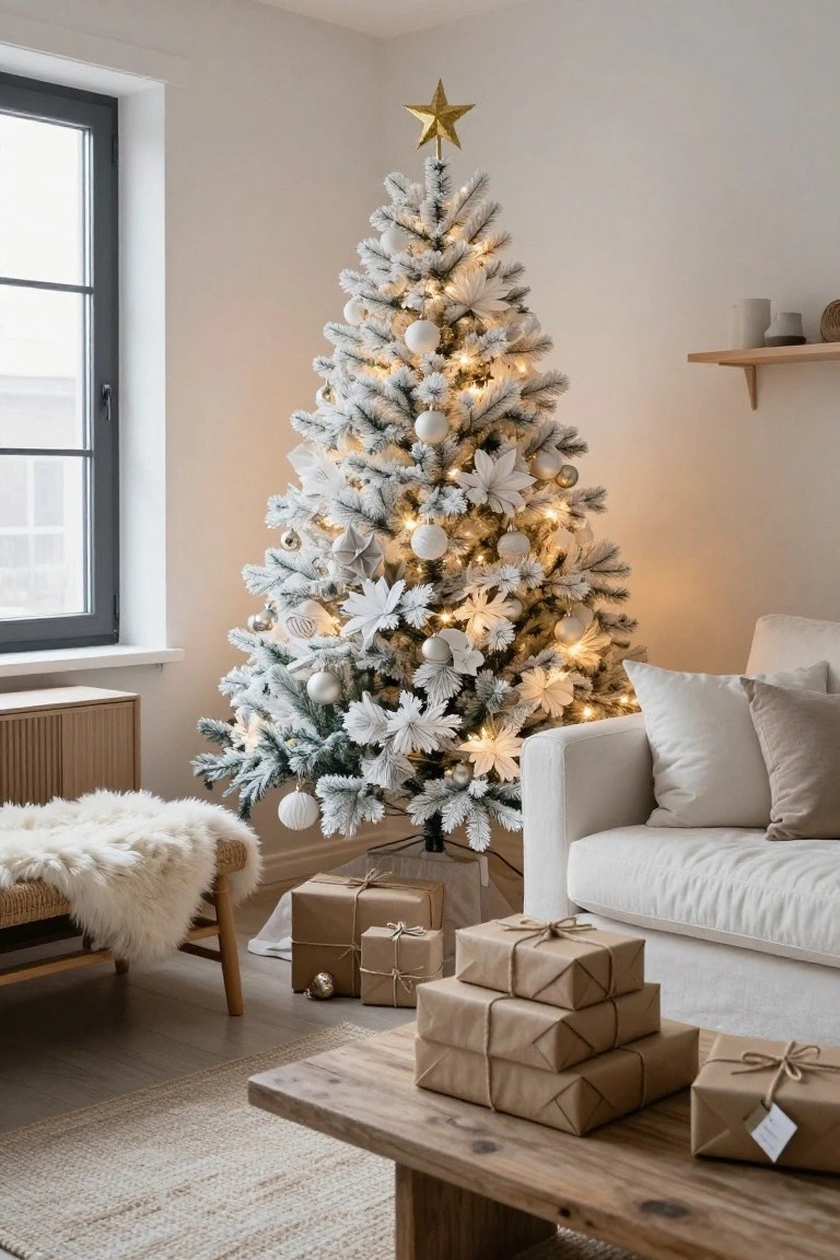 A corner of a living room with a tall artificial white flocked Christmas tree lit with warm string lights and decorated with white and gold ornaments, next to a beige sofa, wooden coffee table with stacked brown wrapped presents, and a fur throw on a bench.