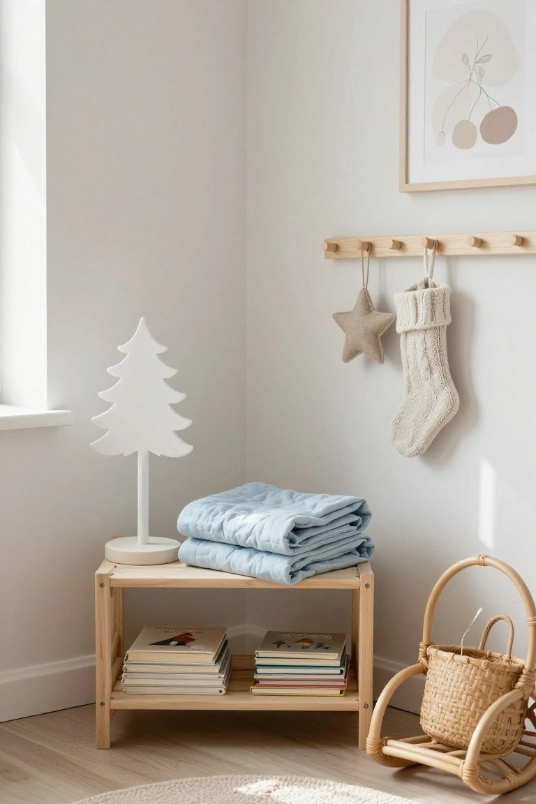 Corner of a light neutral nursery room with a tall white wooden Christmas tree on a low wooden bench holding folded blue quilts and stacked children's books, wooden peg rail holding a knit stocking and fabric star, and a wicker rocking sleigh basket on the floor.