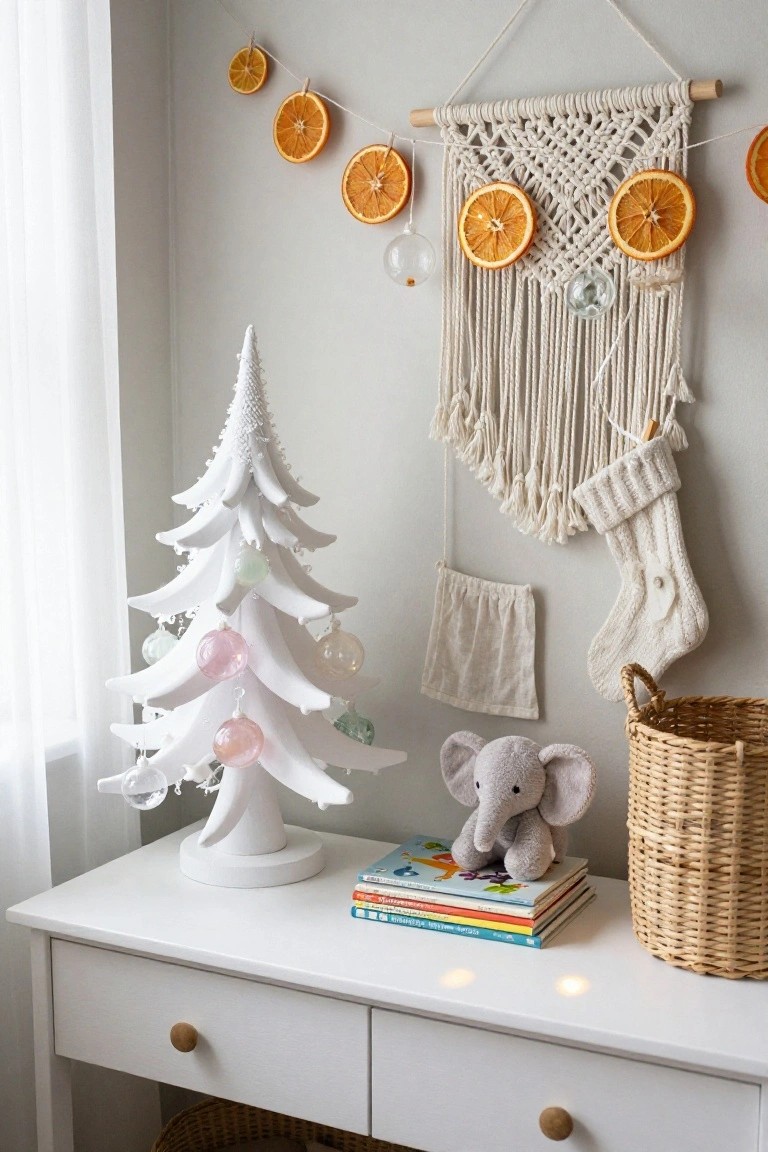 Small white ceramic Christmas tree decorated with pastel glass ornaments on a white dresser in a nursery, with macrame wall hanging featuring dried oranges, white stocking, stuffed elephant, children's books, and wicker basket nearby.