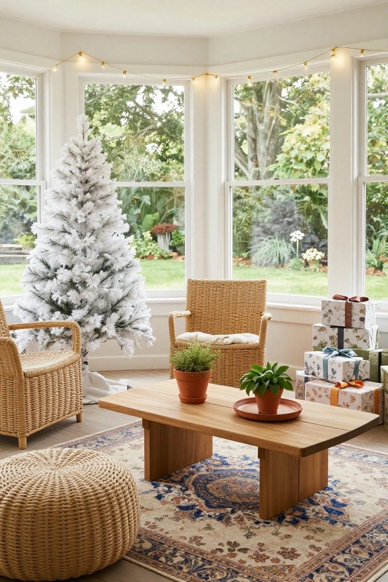 White flocked artificial Christmas tree in a sunroom with large bay windows overlooking a garden, wicker armchairs and pouf, wooden coffee table holding potted plants and a plate, stacked wrapped gifts nearby, and a patterned rug on the floor.