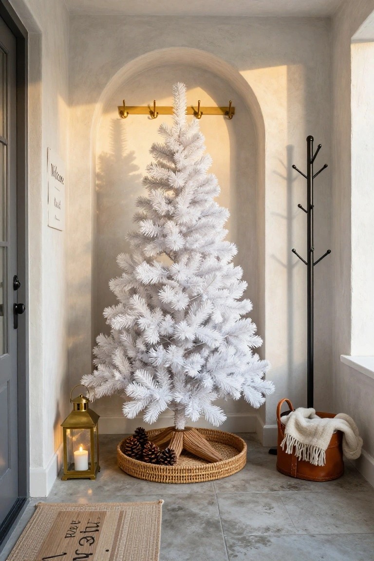 A white artificial Christmas tree stands in an arched niche in a neutral entryway beside a gray front door, with gold coat hooks mounted above, a black coat rack, gold lantern with candle, woven basket of pinecones, tan leather basket with throw, and seagrass welcome doormat on tiled floor.