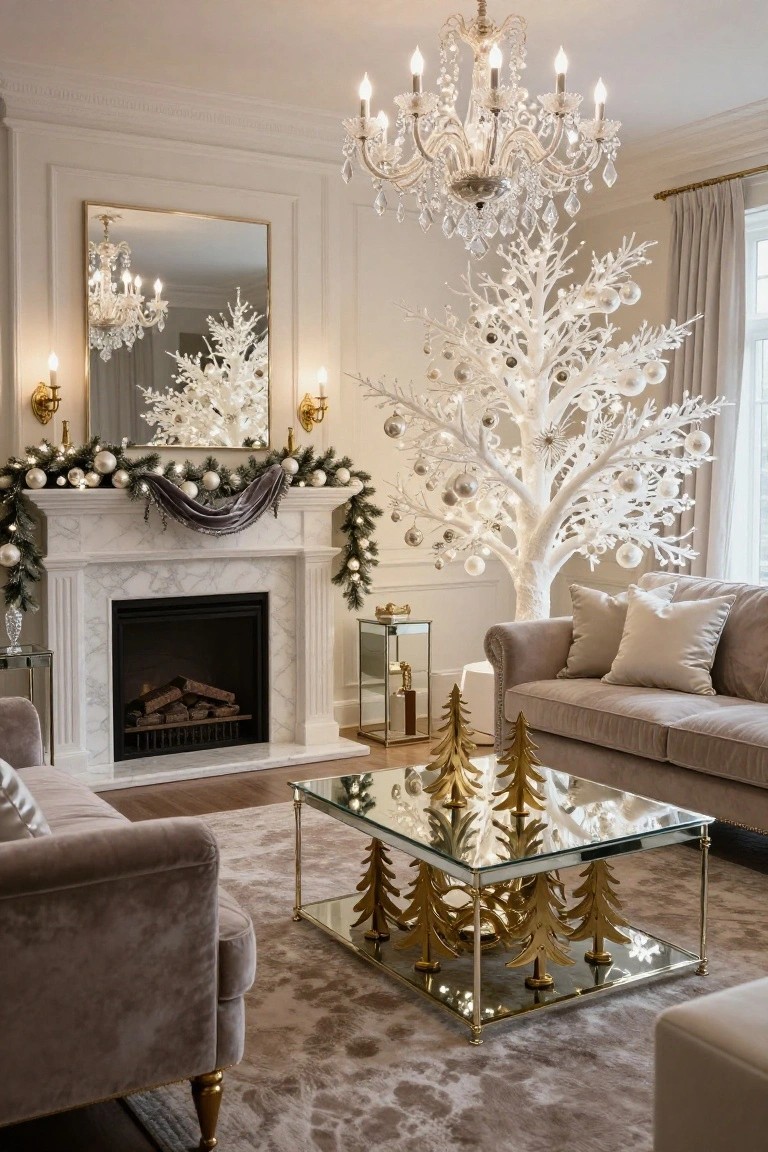 A luxurious living room with a tall white flocked Christmas tree lit up, marble fireplace decorated with garland and ornaments, neutral upholstered sofa, gold tree sculptures on a glass coffee table, chandelier overhead, and white walls with gold mirror.