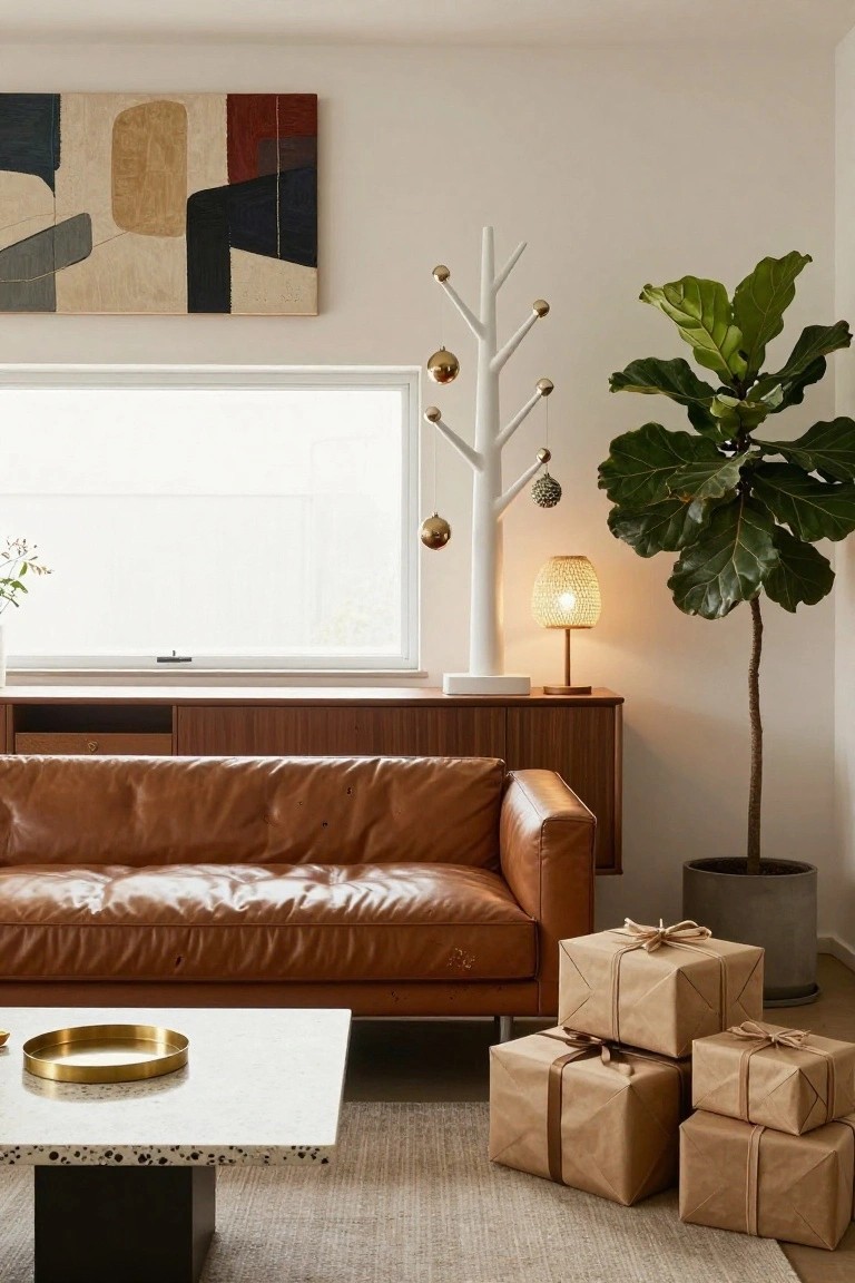 Modern living room with white branchy coat rack decorated with gold bells and ornaments, large ficus plant in gray pot, tan leather sofa, wood cabinet, terrazzo coffee table holding gold tray and stacked brown wrapped gifts, large window, abstract wall art.
