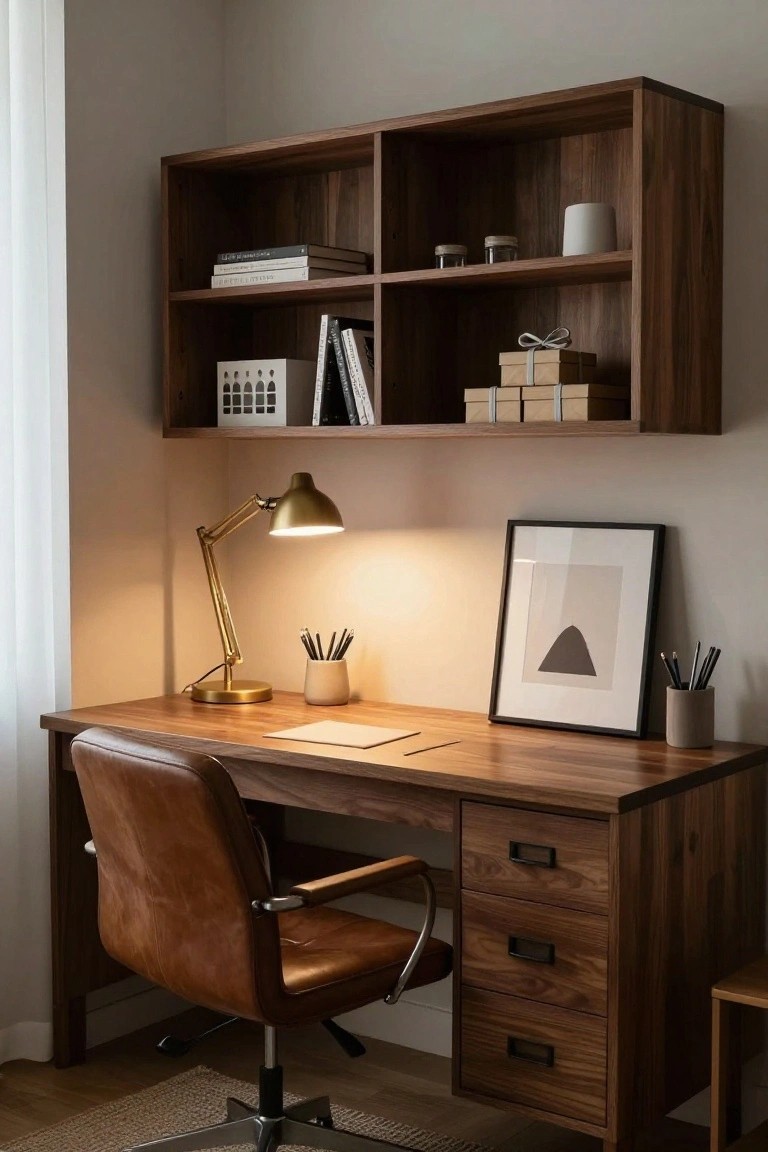 A home office corner with a walnut wood desk, tan leather swivel chair on casters, adjustable brass desk lamp, floating walnut shelves above holding books, white boxes, and jars, plus a black-framed abstract print on the wall.