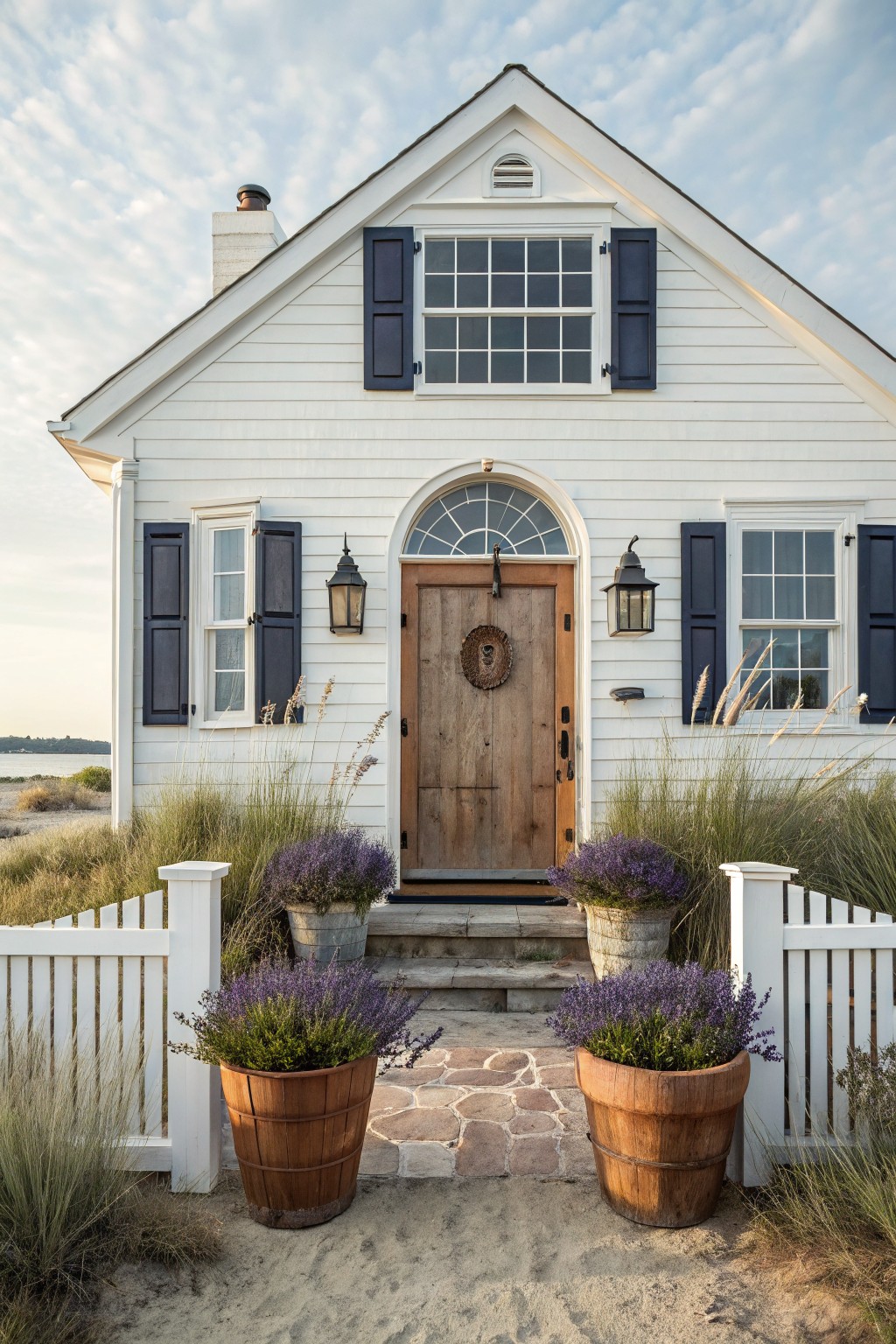White clapboard house with dark blue shutters, arched wooden front door with wreath, wall lanterns, potted lavender in barrels and planters, white picket fence, and beach grasses on a stone path to sand.