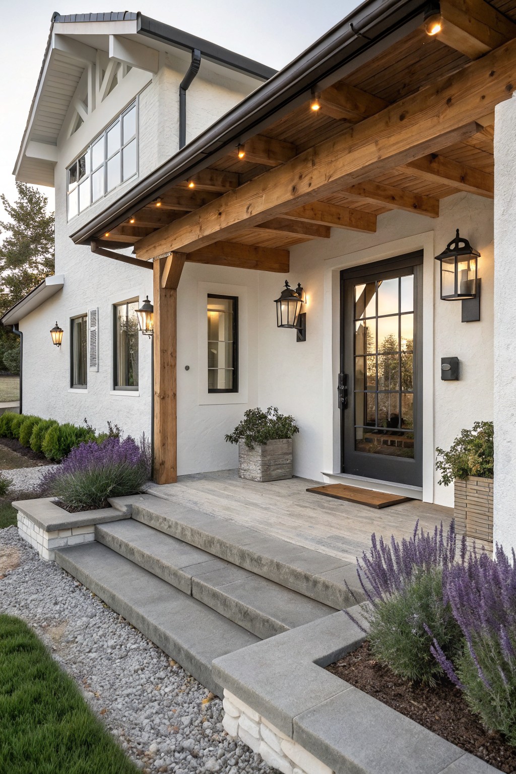White stucco ranch house exterior featuring a covered porch with exposed wooden beams, black grid door, wall lanterns, and lavender plants near concrete steps.