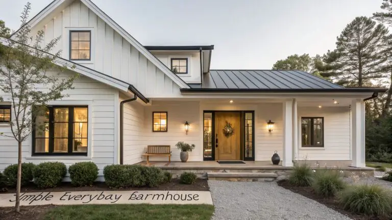 White board-and-batten sided house exterior with gabled covered porch, wooden front door, black-framed windows, lanterns, potted plants, bench, boxwood shrubs, and gravel path at dusk.