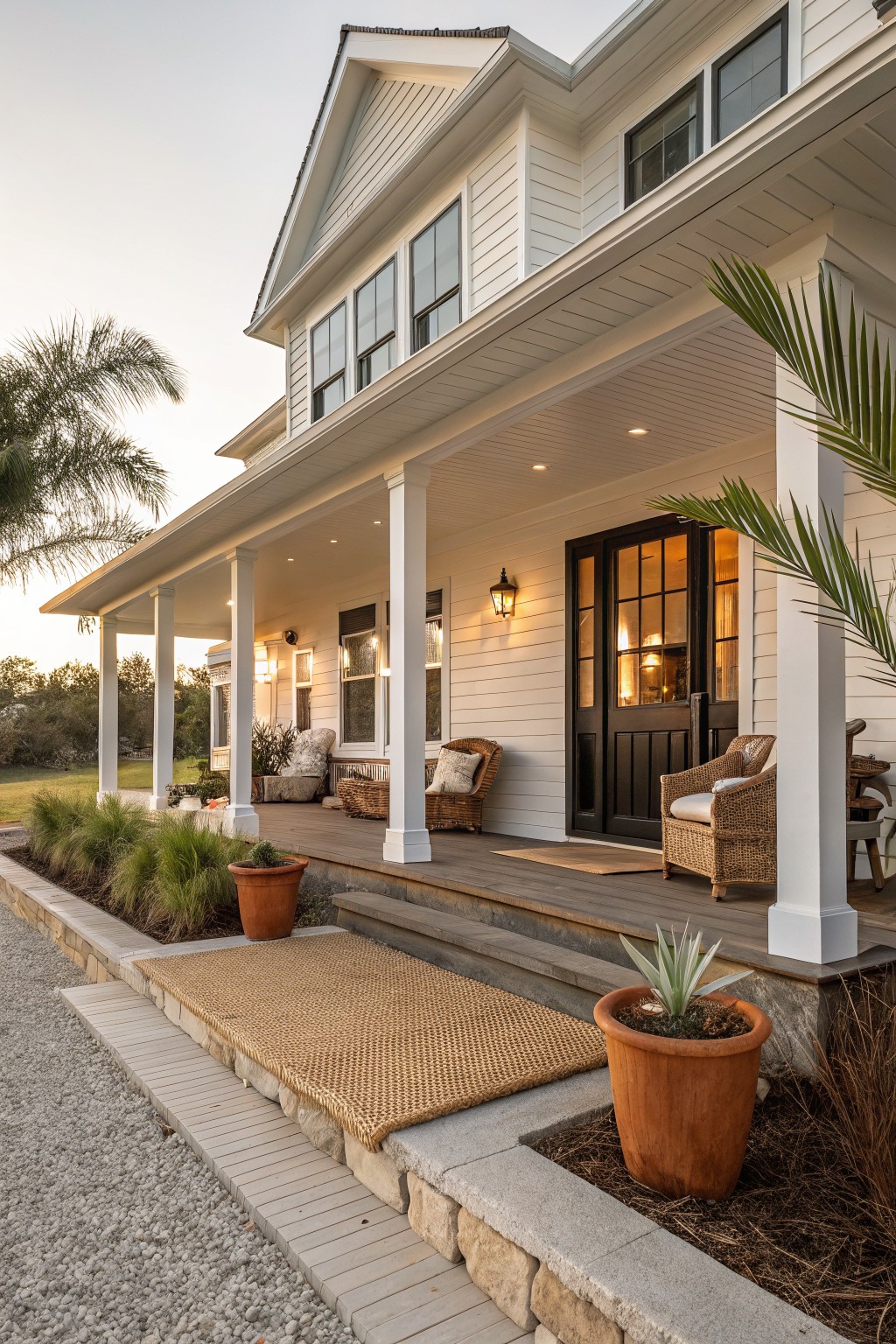 White board-and-batten ranch house exterior with wraparound porch supported by white columns, black front door, wicker chairs, potted plants, lanterns, and gravel path with stone edging.
