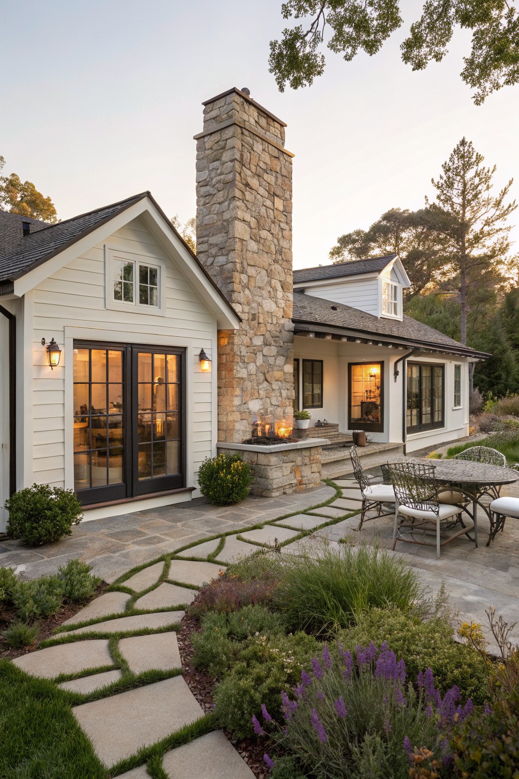 Side exterior view of a white clapboard ranch house with a tall stacked stone chimney, black-framed French doors, an outdoor fire feature, wicker patio table and chairs, and irregular stone paver path through garden plantings at dusk.