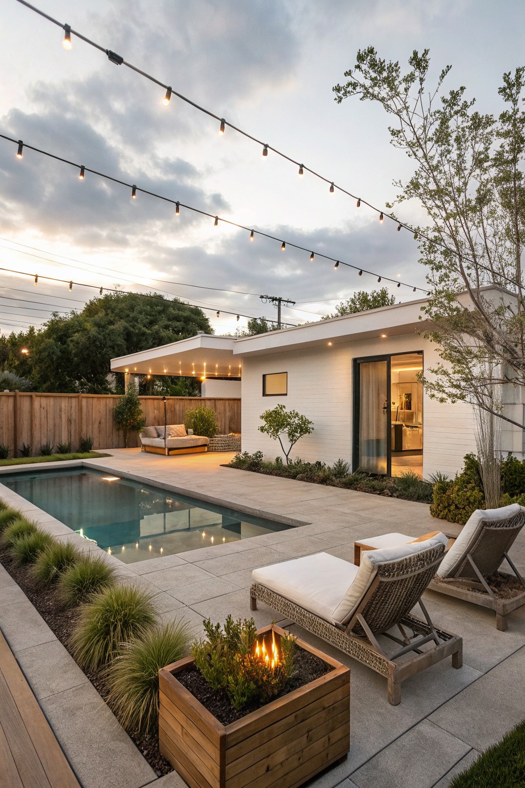 White modern pool house with sliding glass doors open to a rectangular pool, surrounded by pavers, lounge chairs, a wooden fire planter, grasses, and overhead string lights at dusk.
