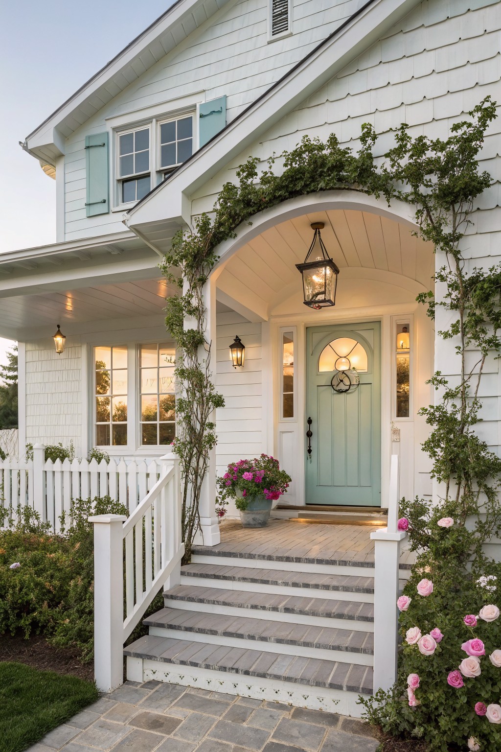 White shingle-style house exterior with arched porch entry, teal front door, heavy climbing green vines on the arch and posts, hanging lanterns, white picket fence, potted pink flowers, and rose bushes.