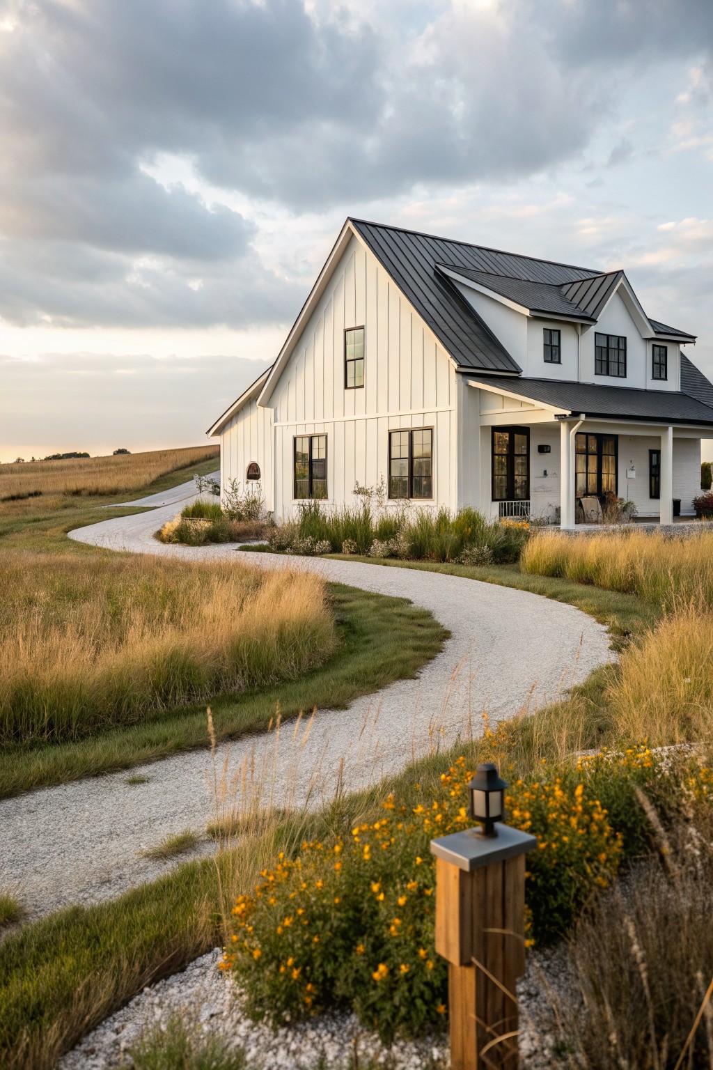 White board-and-batten sided ranch house with black metal gable roof, black-framed windows, covered porch, and curved gravel path winding through tall grasses and plantings.