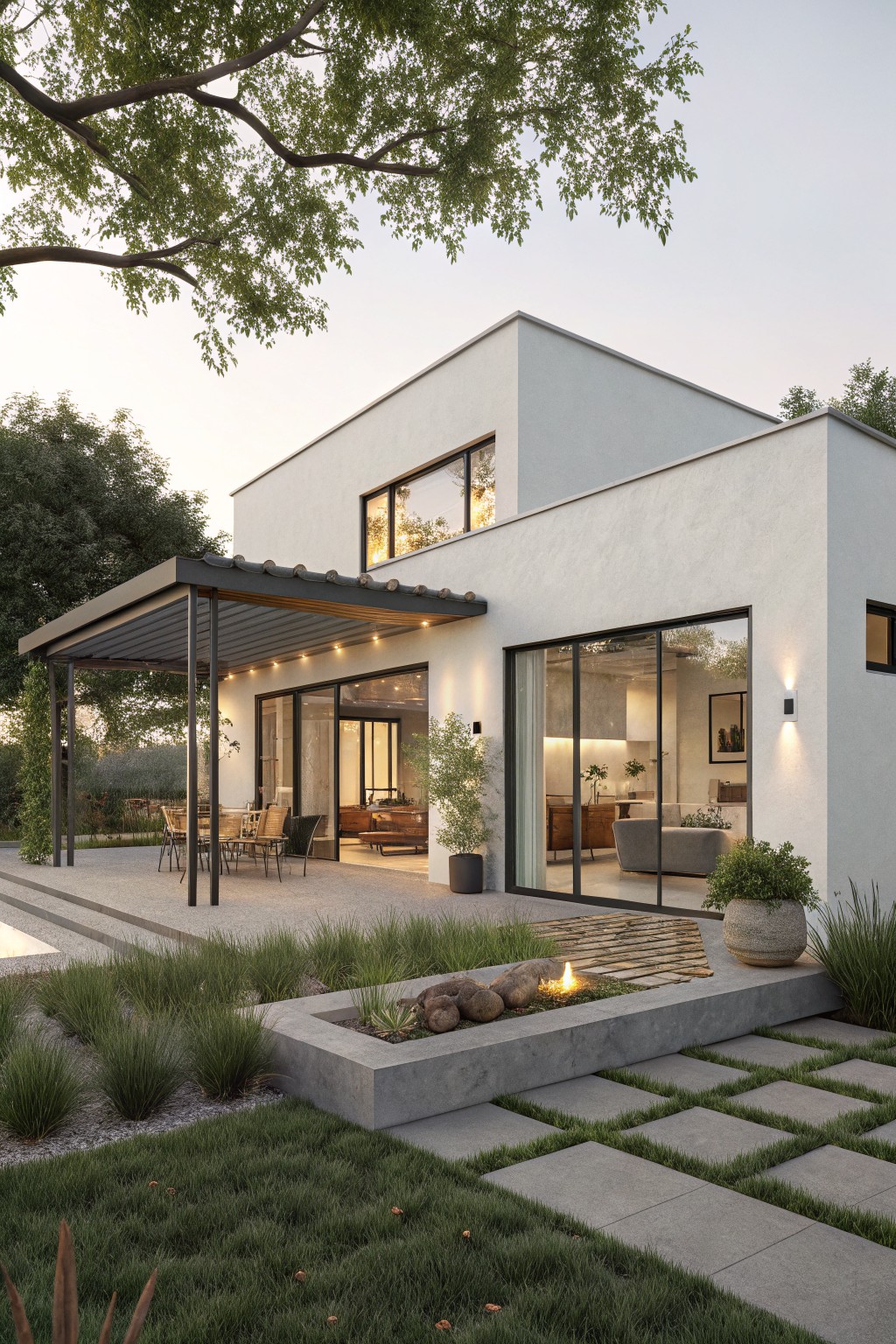Modern single-story white stucco house with black metal pergola-covered patio, outdoor dining table and chairs, sliding glass doors to interior, infinity pool edge, linear stone fire pit, and landscaped grasses.