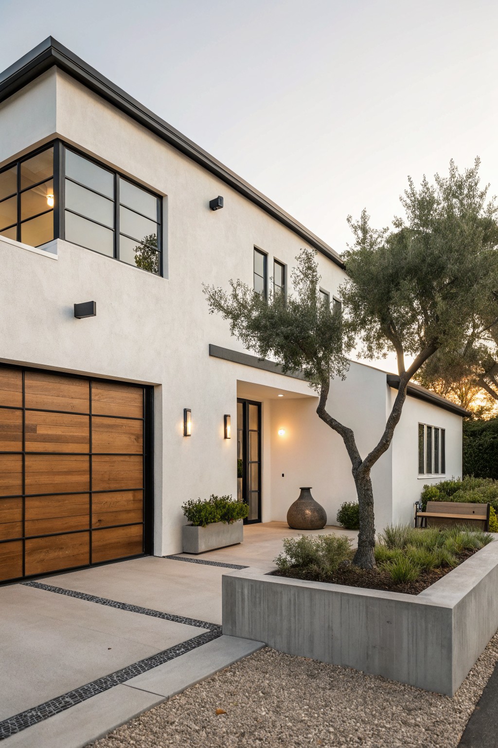 White stucco modern ranch house exterior featuring a wooden slat garage door, black-framed windows, entry door with lighting, olive tree, plants in concrete planters, and gravel driveway at dusk.