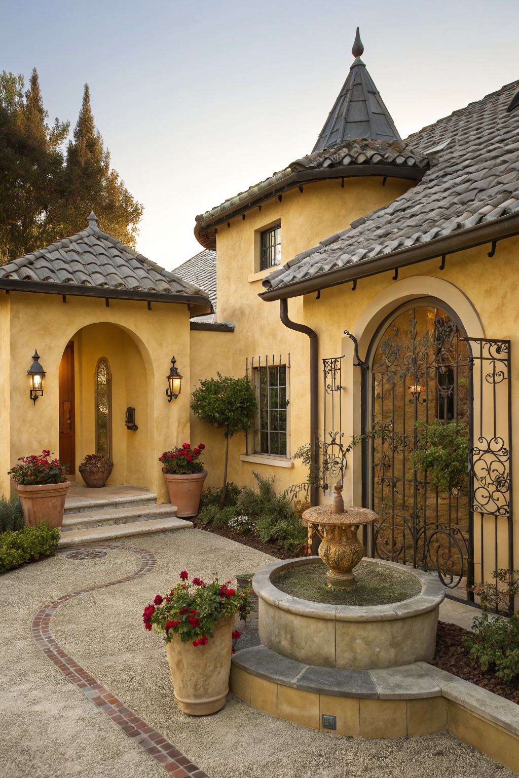 Yellow stucco house exterior with gray tile roof, arched entry featuring wood door behind black wrought iron gate, potted plants, stone fountain, and brick path in front courtyard.