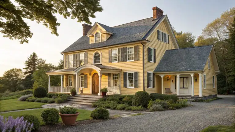 Two-story yellow clapboard house with gray shingle roof, white trim, black shutters, columned wraparound porch with arched entry doors, and gravel driveway edged by shrubs and flowers.