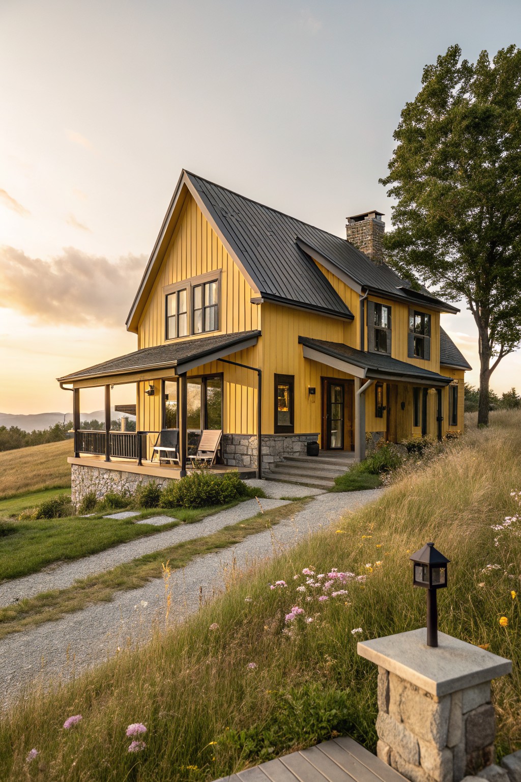 A two-story yellow clapboard house with dark gray metal gable roof, covered porch with chairs, stone foundation and chimney, gravel path, wildflowers, trees, and hills at dusk.