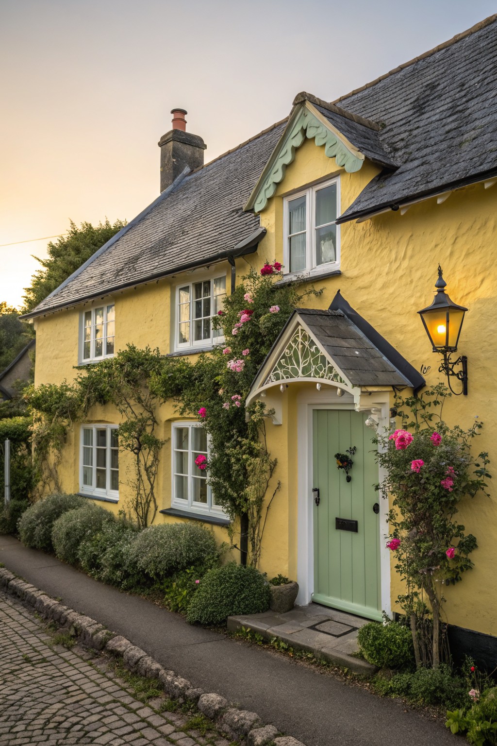 Yellow rendered cottage house with gray slate roof, green front door under hooded porch with decorative gable, climbing pink roses on walls, black lantern light, shrubs, and cobblestone path in front.
