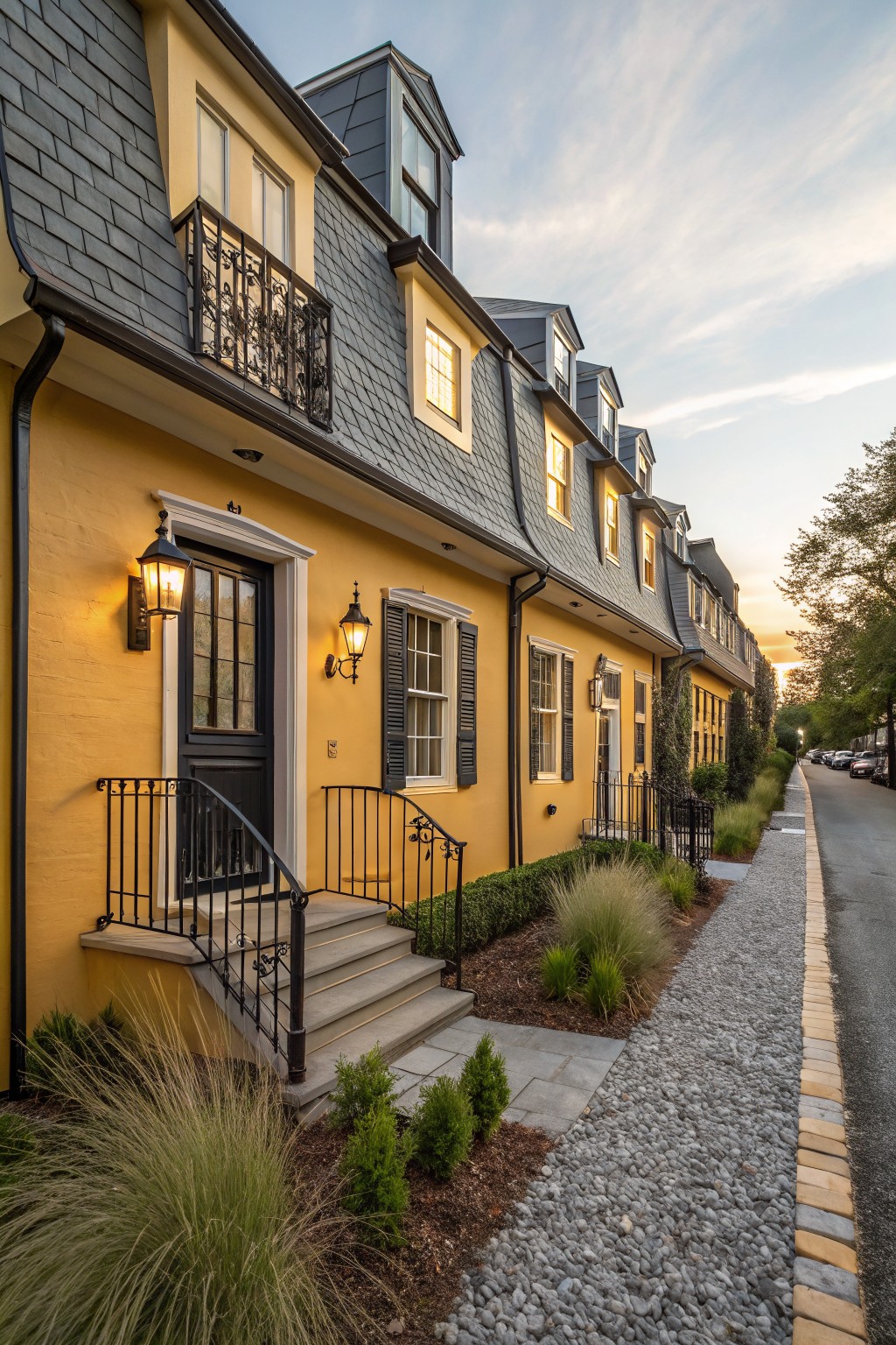 Row of yellow townhouses with dark gray slate mansard roofs at dusk, black front doors flanked by lanterns, wrought iron railings on concrete steps, and gravel paths edged with ornamental grasses.