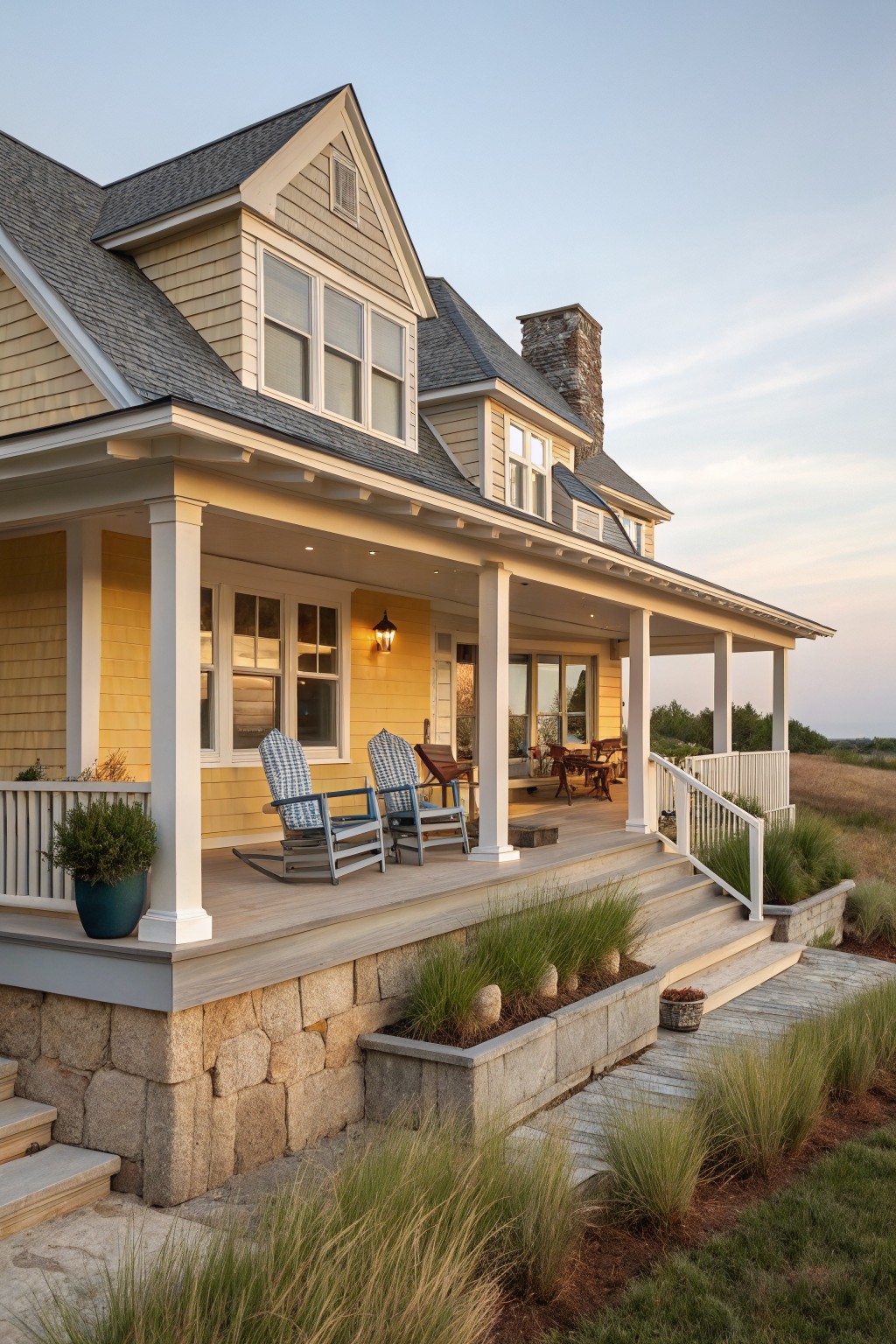 Two-story yellow clapboard house with dark gray shingled roof, white trim, wraparound porch with blue rocking chairs, stone foundation, and ornamental grasses in late afternoon light.