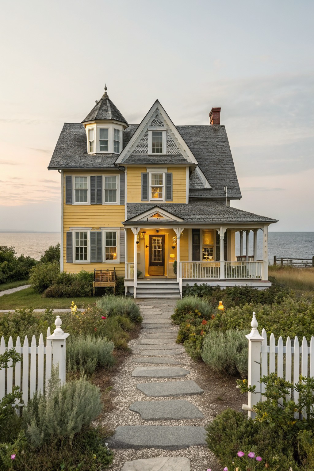 A two-story yellow shingle-style house with gray roof, white trim, wraparound porch, and turret, facing the ocean with a stone pathway, white picket fence, and garden plantings at dusk.